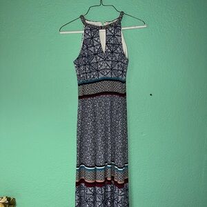 London Times Navy Patterned Halter Midi Dress with Contrast Stripes